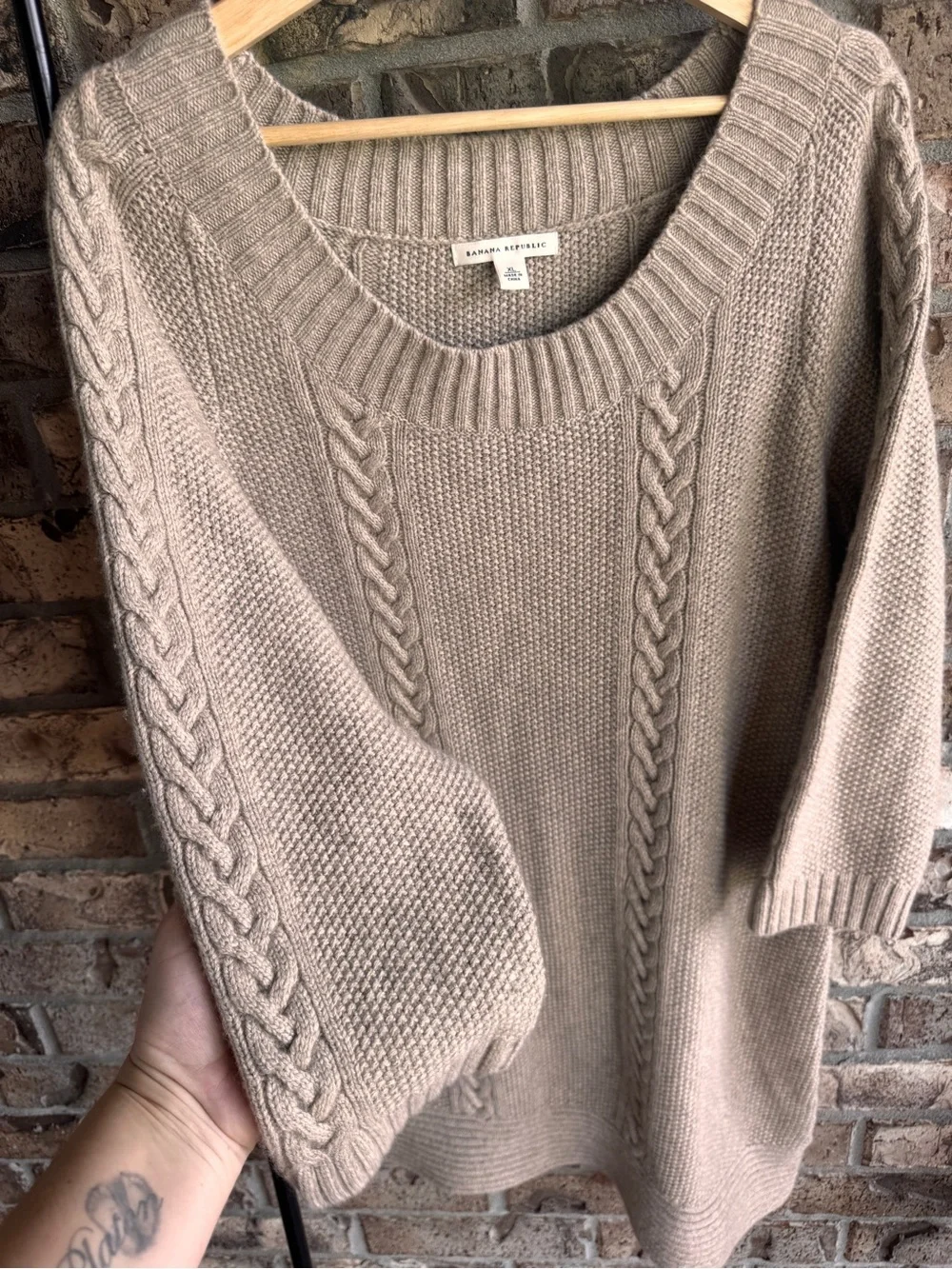 Banana Republic Cable Knit Sweater Dress XL Taupe Lambswool Cashmere Blend